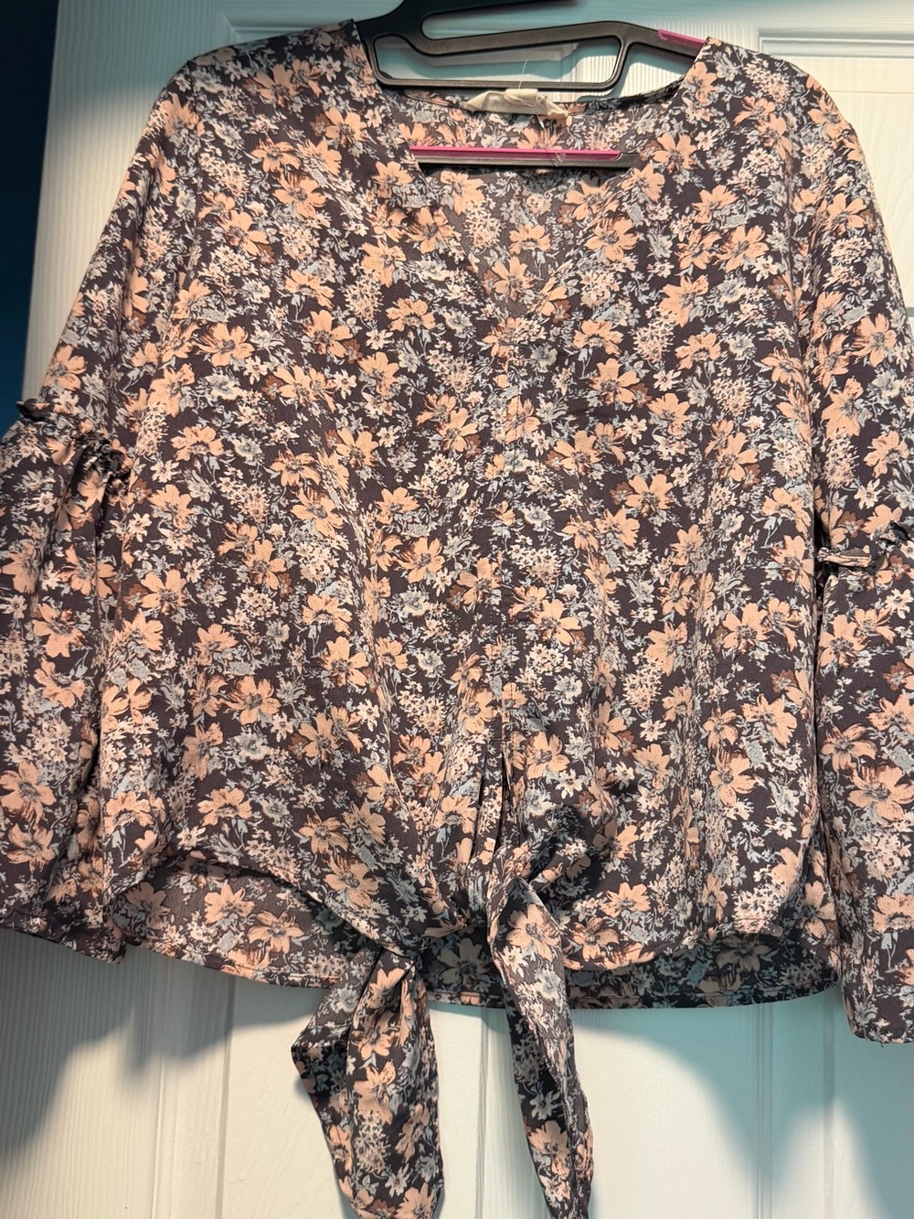 Floral Tie-Front Blouse - Peach Floral on Charcoal Lovestitch small